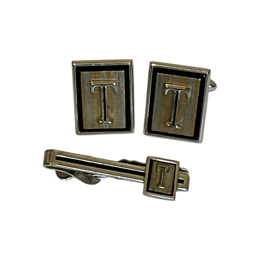 Vintage Swank Initial T Men's Cufflinks Tie Clip Set Silver Tone Black Enamel